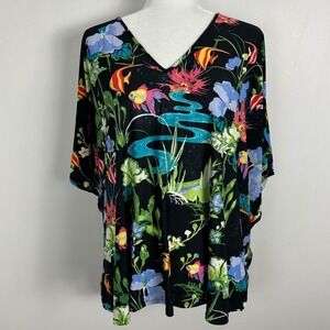 Natori Dark Floral V-Neck Oversized Top Womens Size Large Bohemian V-Neck Blouse
